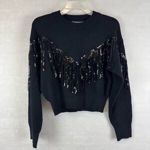 Anthropologie Black Sequin Fringe Knit Sweater Medium Western Cropped